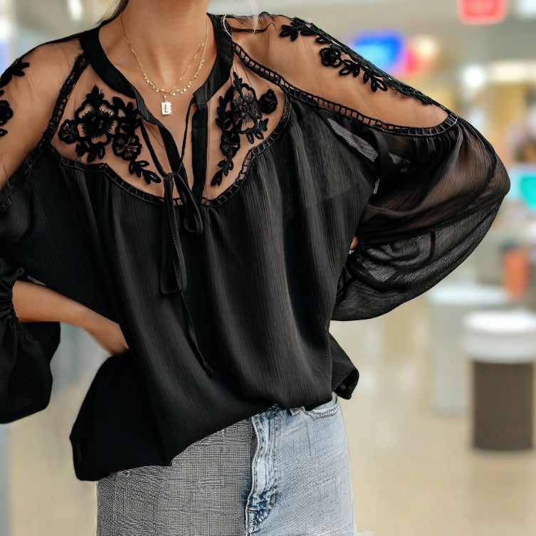 A Solid Long Sleeve Lace Black Tops Blouses