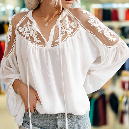 A Solid Long Sleeve Lace White Tops Blouses